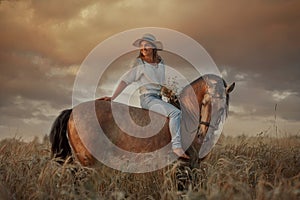 Beautiful  young woman on spanish buckskin horse in rue field