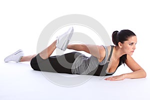 Beautiful young woman stretch exercising on floor