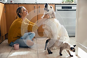 Beautiful young woman stroking her cute lovely dog sitting on the floor in the kitchen at home