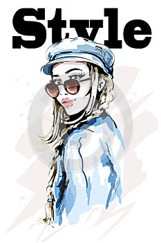 Beautiful young woman in stylish cap. Hand drawn fashion woman. Cute girl in sunglasses. Sketch.