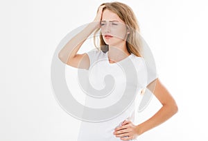 Beautiful Young Woman Suffering From Terrible Strong Head Pain, Touching Her Face. Tired, Exhausted Female Feeling Stress And