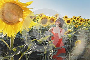 Beautiful young woman with sunflowers enjoying nature and laughing on summer sunflower field. Woman holding sunflowers