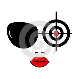 Beautiful young woman with sunglasses and target. Secret agent, spy, policeman, detective or security guard. Female character face
