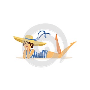 Beautiful young woman in swimsuit and straw hat lying on her stomach, girl dressed in retro style vector Illustration