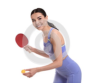 Beautiful young woman with table tennis racket and ball on white background. Ping pong player