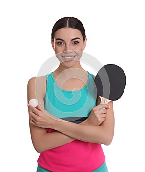 Beautiful young woman with table tennis racket and ball on white. Ping pong player