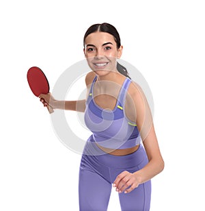 Beautiful young woman with table tennis racket on white. Ping pong player