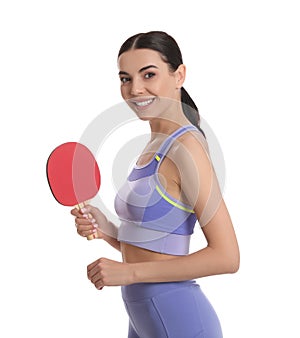 Beautiful young woman with table tennis racket on white. Ping pong player