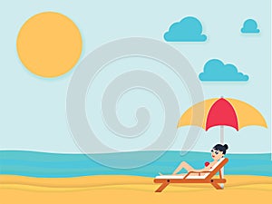 Beautiful young woman tanning, with sunglasses at the beach. Summer holiday.