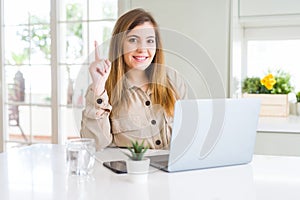 Beautiful young woman using computer laptop surprised with an idea or question pointing finger with happy face, number one