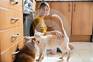 Beautiful young woman using her smart phone while stroking her cute lovely cat sitting on the floor in the kitchen at home