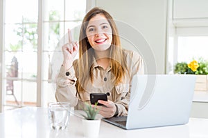 Beautiful young woman using smartphone and computer surprised with an idea or question pointing finger with happy face, number one