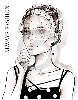 Beautiful young woman with veil on her face. Fashion illustration.