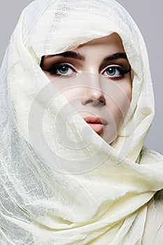 Beautiful young woman in veil hood. beauty girl in hijab