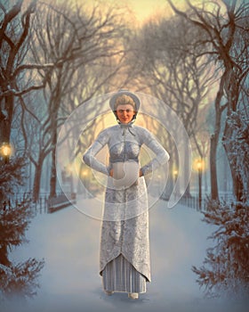 Beautiful young woman in a victorian dress taking a walk in the park in the evening in winter