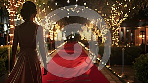 Beautiful young woman walking on red carpet at night with lights