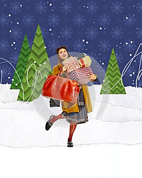 Beautiful young woman walking on snowy day with many Christmas boxes. Merry mood. Contemporary art collage.