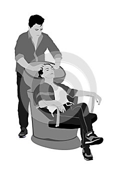Beautiful young woman washes hair in a beauty salon vector illustration. Hairstylist washing client`s hair in hair washing chairs.