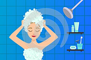 Beautiful Young Woman Washing her Hair with Shampoo in Bathroom Flat Vector Illustration