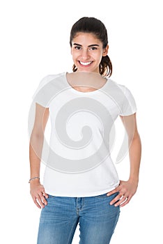 Beautiful Young Woman Wearing Blank White Tshirt