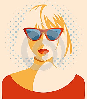 Beautiful young woman wearing red retro sunglasses