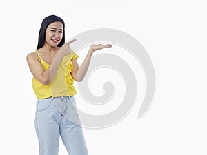 Beautiful young woman on white background