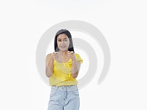 Beautiful young woman on white background