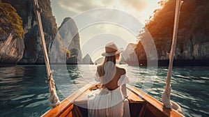 Beautiful young woman in white dress and hat on a boat in the sea. Generative Ai