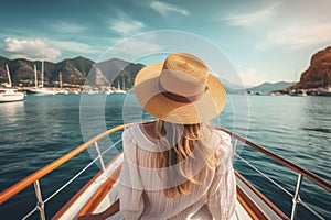 Beautiful young woman in white dress and straw hat sitting on the deck of a yacht and looking at the sea, A beautiful tourist