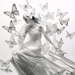 Beautiful young woman in white dress surrounded by butterflies, 3d rendering