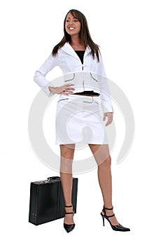 Beautiful Young Woman In White Suit With Briefcase