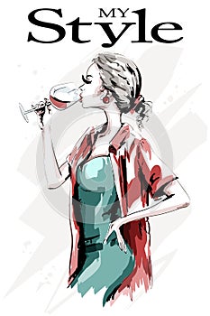 Beautiful young woman with wine glass. Cute hand drawn