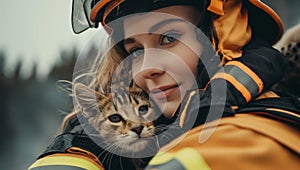 Beautiful young woman in a yellow jacket with a cat in her arms