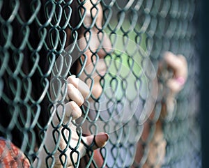 Beautiful young women against fence