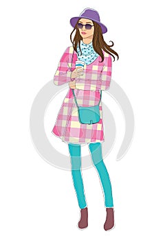 Beautiful young women girl fashion jacket in glasses and hat with cap of coffee. hipster stile Vector hand drawn
