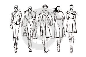 Beautiful young women. Hand drawn stylish woman portrait. Fashion lady. Winter outfit. Sketch. Fashion model posing in coat.