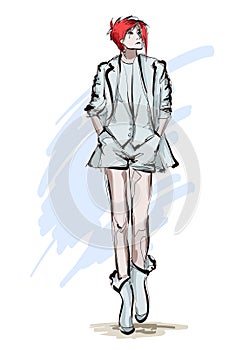 Beautiful young women in light jacket and shorts. Hand drawn fashion girl. Fashion model posing. Sketch.