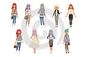 Beautiful young women with long dyed hair set, stylish girls in fashion clothes vector Illustrations on a white