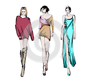 Beautiful young women in modern style.. Hand drawn stylish woman portrait. Fashion lady. Festive outfit. Sketch. Fashion model