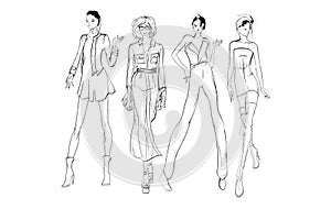 Beautiful young women in modern style.. Hand drawn stylish woman portrait. Fashion lady. Festive outfit. Sketch. Fashion model