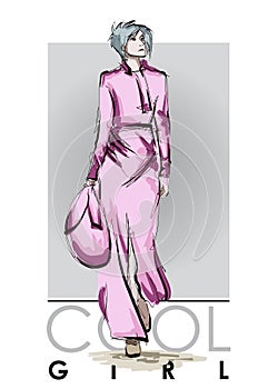 Beautiful young women in pink costume. Hand drawn fashion girl. Fashion model posing. Sketch.