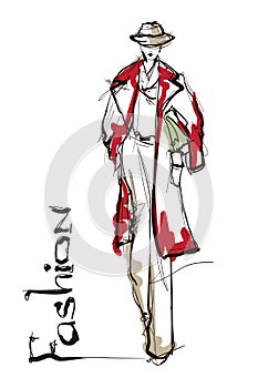 Beautiful young women in a red cloak and hat. Hand drawn stylish woman portrait. Fashion lady. Winter outfit. Sketch.