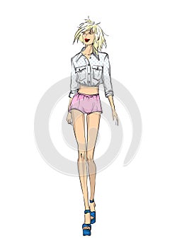 Beautiful young women in shorts and blouse. Hand drawn fashion girl. Fashion model posing. Sketch Vector illustration