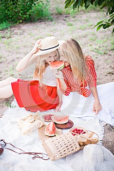 Beautiful young women talking, smiling and gesturing while having picnic outdoors at park.