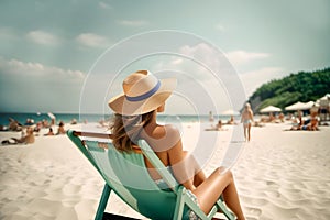 Beautiful young young woman with straw hat enjoying and relaxing on beach chair