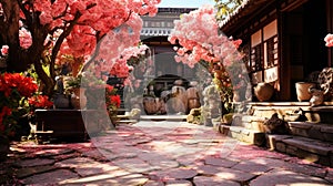 Beautiful Zen Courtyard with Blossoming Flowers With Depth Of Field