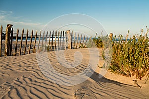 Beautiful zen sandy beach in sunset blue sky with vegetation and wooden fence, hendaye, basque country, france