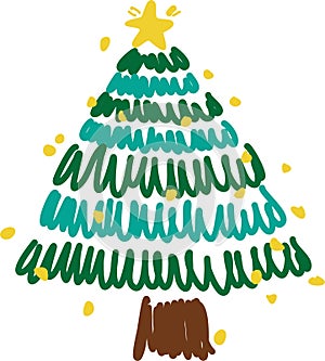 Coloring various lagom firs with hatching scribble style. Hand-drawn Christmas trees with toys. ink element for cards, stamps, ban