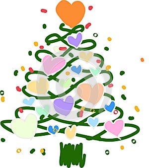 Coloring various lagom firs with hatching scribble style. Hand-drawn Christmas trees with toys. ink element for cards, stamps, ban