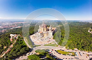 Beautifull aerial panoramic view to the famous from the drone Basilica of Superga in sunny summer day. The cathedral